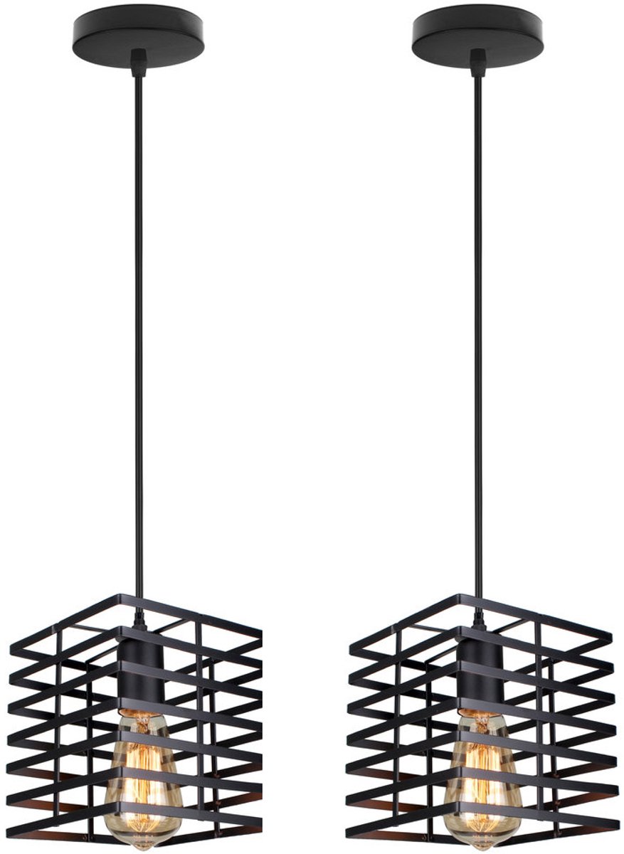 2 Stuks Hanglampen Slaapkamer Moderne E27 Kroonluchter Binnen Plafondlamp Vierkant Zwart