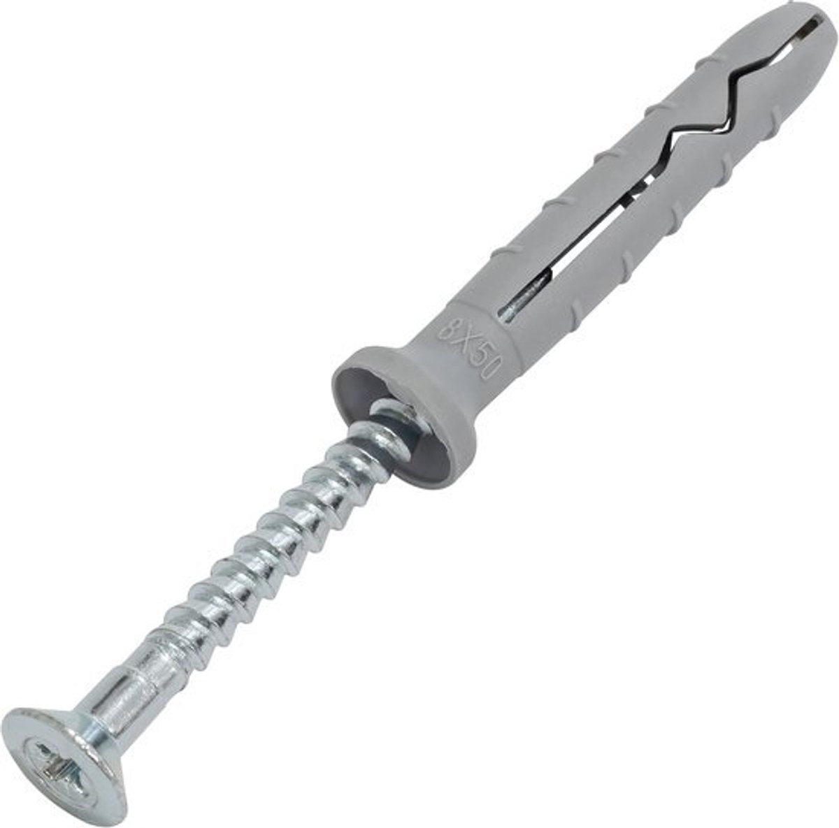 Set bevestigingspluggen - Pluggen met spijker - Materialen vastzetten - Afgeschuinde kraag - 8x50mm en 4.9x55mm - Zilverkleurig
