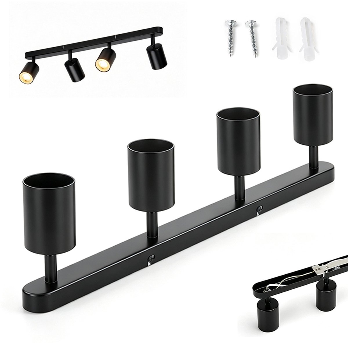 Plafondspot 4-Voudig - Spotlamp GU10 - Zwarte Plafondlamp - 4 Draaibare Spots - 90° Kantelbaar - 320° Draaibaar - Metaal - 58 cm