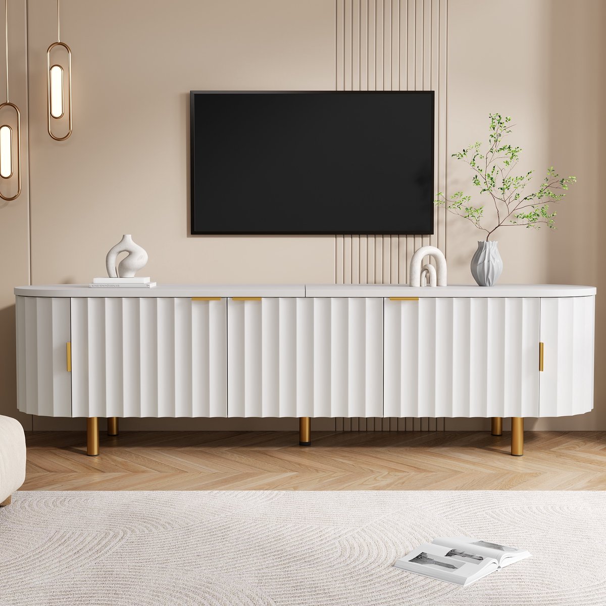 COVREO TV-meubel met 5 deuren en geribbelde fronten – Lowboard met afgeronde zijkanten – Dressoir voor woonkamer – 170x40x47 cm – Wit