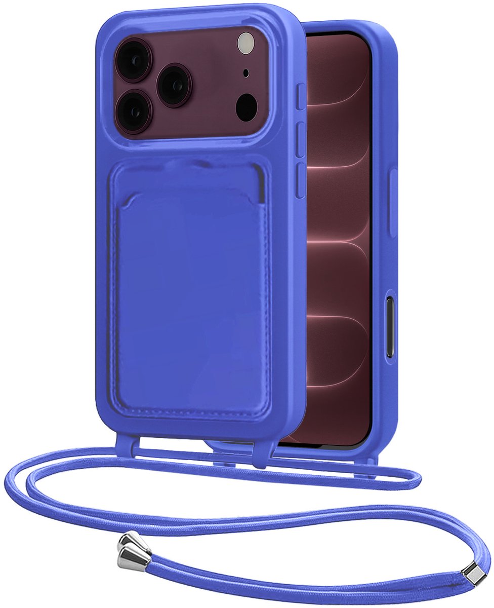 Hoes Geschikt voor iPhone 18 Pro Met Telefoonkoord - Siliconen Hoesje Backcover Met Ketting - Felblauw