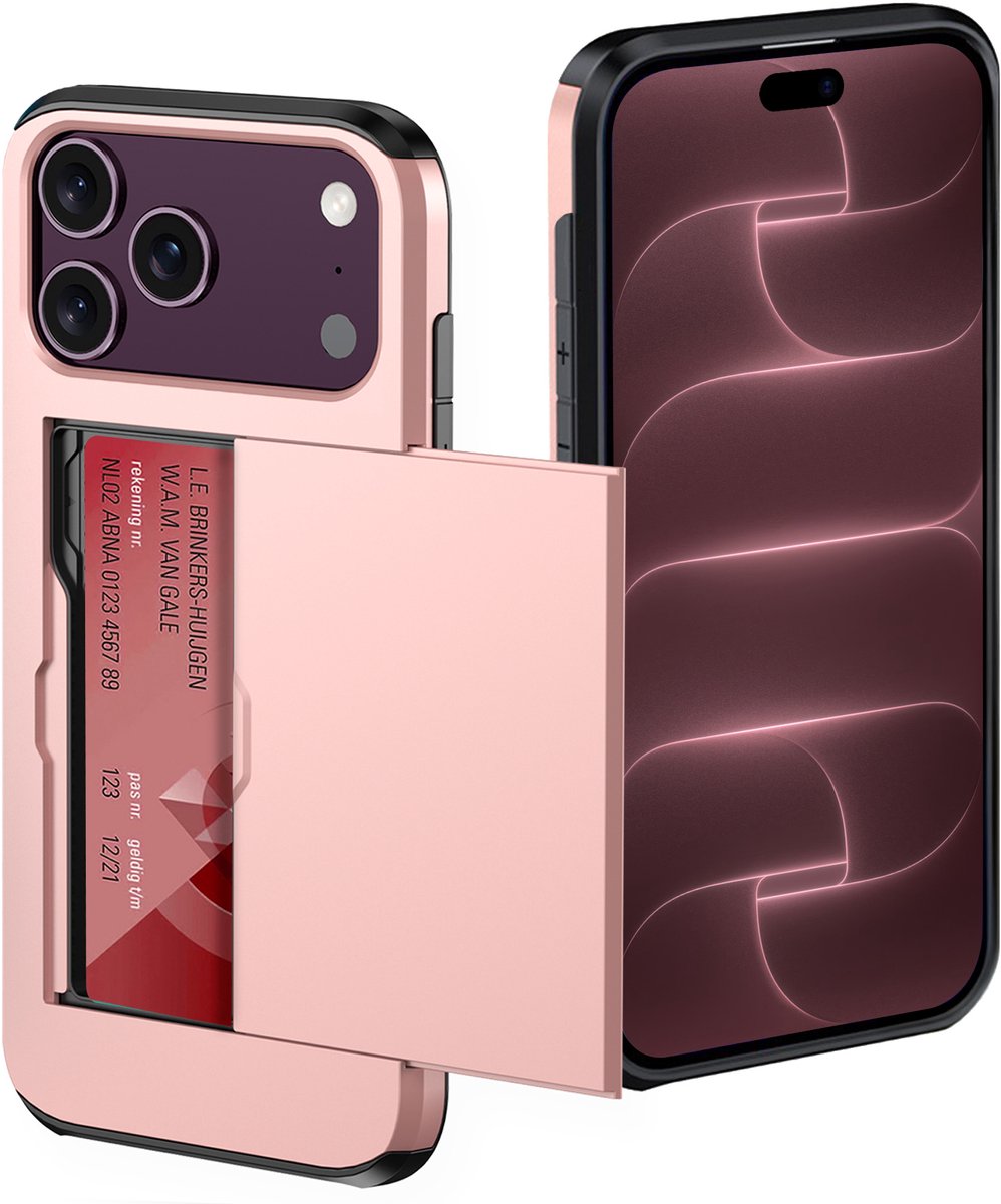 Hoes Geschikt voor iPhone 18 Pro Hoesje Pasjeshouder Hard Cover Shock Proof Hard Case Hoes Met Kaarthouder - Rosé goud