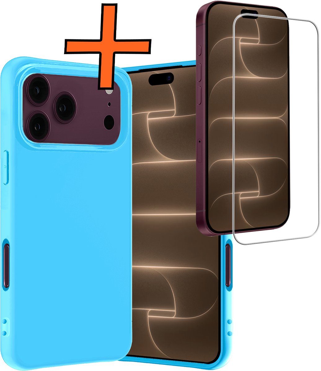 Hoes - Met Screenprotector - Geschikt voor Apple iPhone 18 Pro - Sterk & Shockproof - Back Cover - Siliconen Case - Telefoon Hoes - Lichtblauw