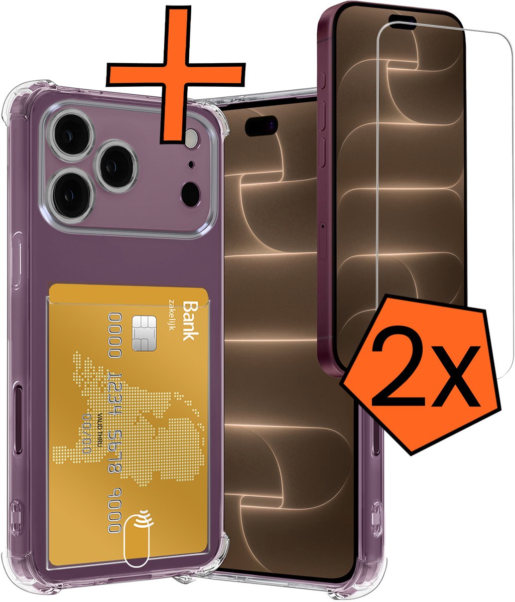 Hoes - Geschikt voor Apple iPhone 18 Pro Max - Met 2x Screenprotector - Pashouder - Kaarthouder - Telefoon Hoesje Shockproof - Siliconen Case - Back Cover - Shock Proof - Pasjes Houder - Transparant