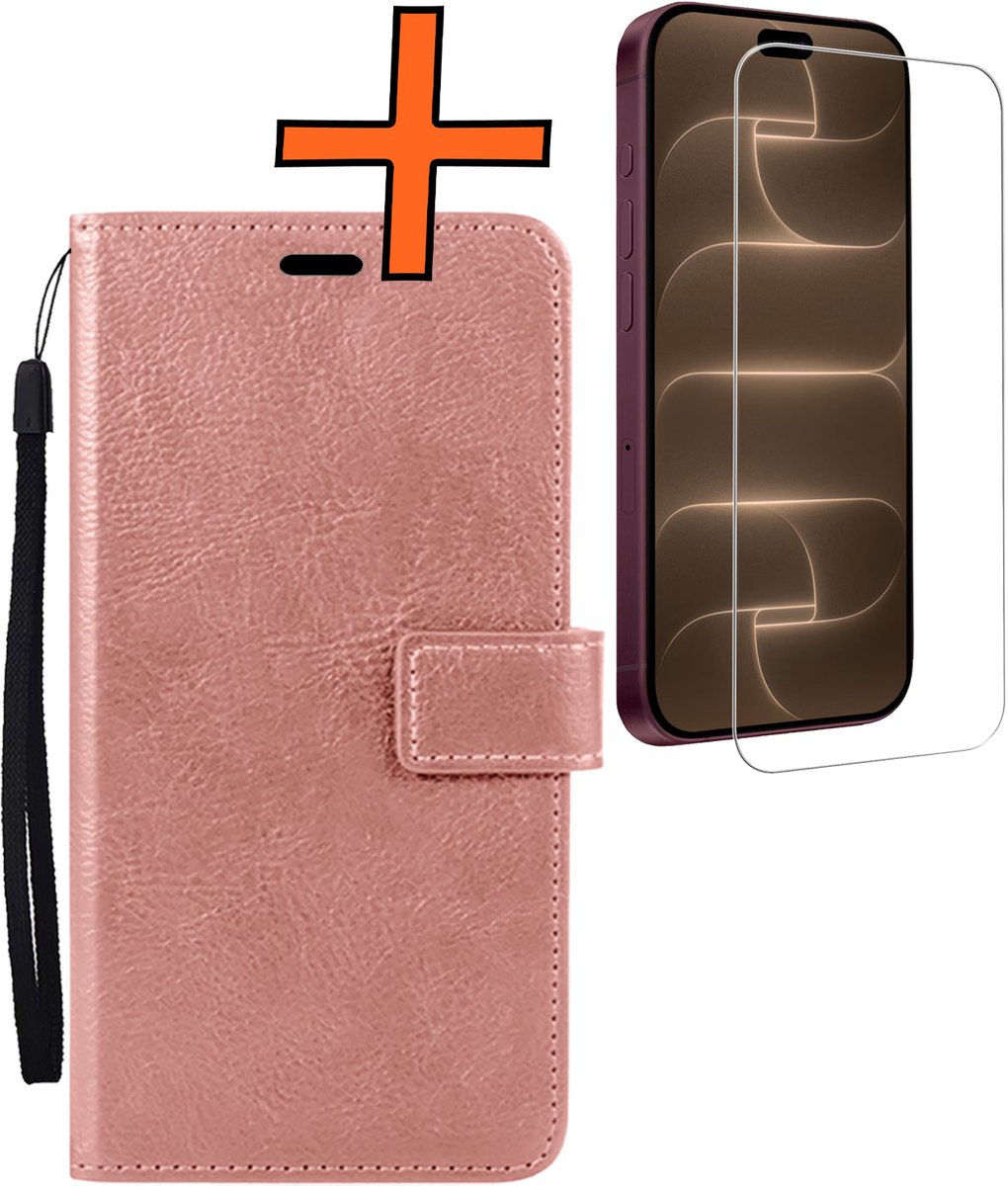Hoes - Met Screenprotector - Geschikt voor Apple iPhone 18 Pro - Luxe Pasjeshouder - Bookcase Portemonee - Flip Case - Kunstleer Book Case - Flipcase - Book Cover - Walletcase - PortemonneeHoes - Rosé goud