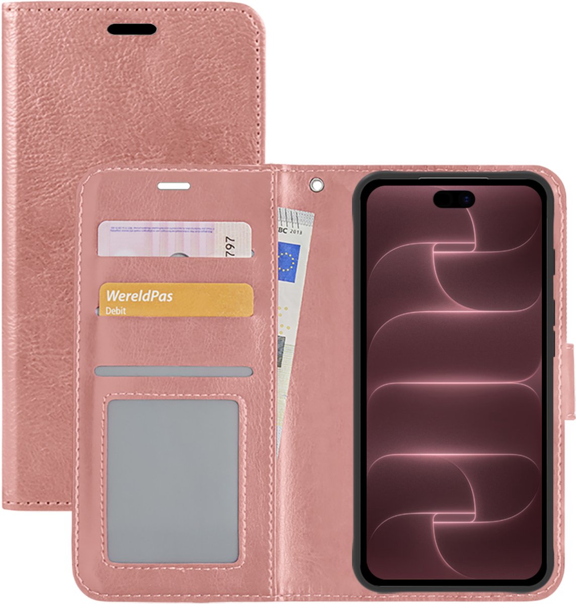 Hoesje - Met Pasjeshouder - Geschikt voor Apple iPhone 18 Pro - Luxe Bookcase Portemonee - Flip Case - Kunstleer Book Case - Flipcase - Book Cover - Walletcase - Portemonneehoes - Rosé goud