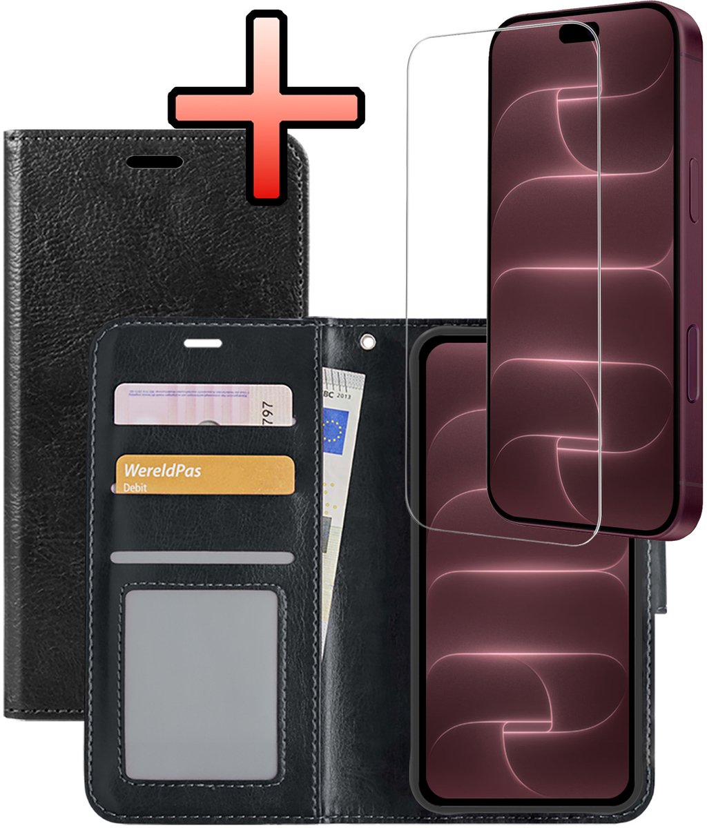 Hoesje - Met Screenprotector - Geschikt voor Apple iPhone 18 Pro - Luxe Pasjeshouder - Bookcase Portemonee - Flip Case - Kunstleer Book Case - Flipcase - Book Cover - Walletcase - Portemonneehoes - Zwart