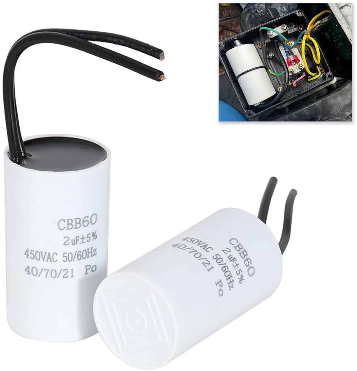 Starter Capacitor 2µF, Motor Capacitor 2uF CBB60, 450 V, with cable, 2 µF Capacitors for Washing Machines, Pumps - ShopVlot
