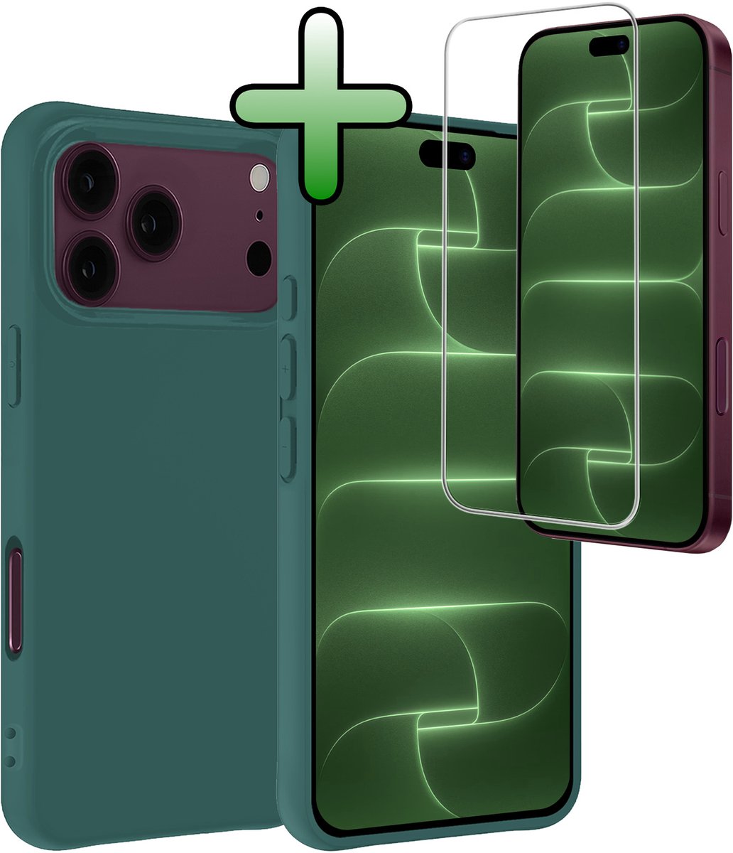 Hoesje Met Screenprotector - Geschikt voor Apple iPhone 18 Pro - Sterk & Shockproof - Back Cover - Siliconen Case - Telefoon Hoes - Donkergroen