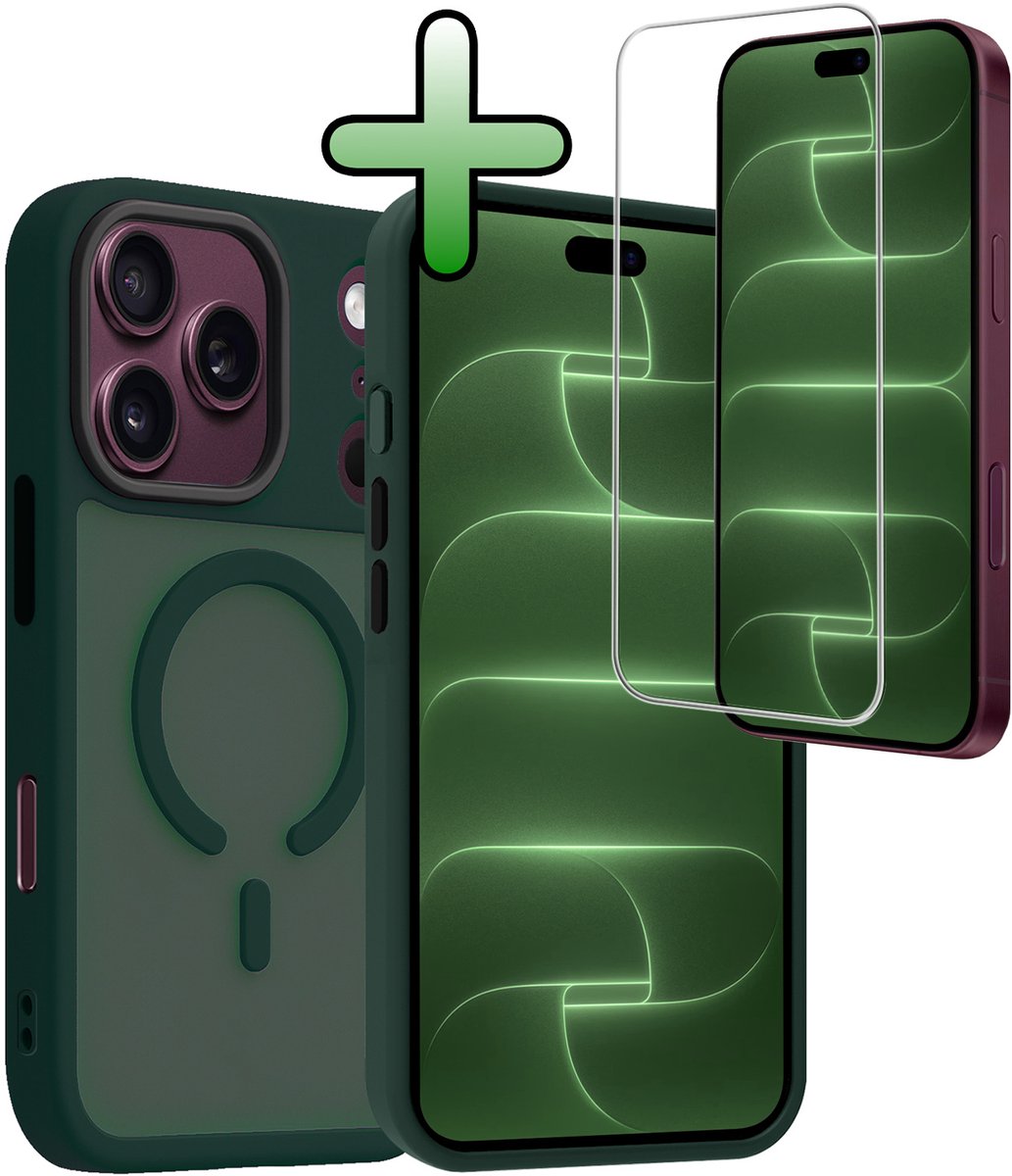 Hoesje Met Screenprotector - Geschikt voor Apple iPhone 18 Pro Max - Magsafe Compatible - Sterk & Shockproof - Back Cover - Shock Proof Case - Telefoon Hoes - Donkergroen