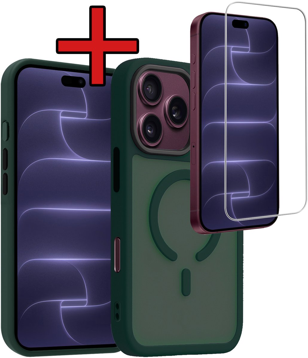 Hoesje - Met Screenprotector - Geschikt voor Apple iPhone 18 Pro - Magsafe Compatible - Sterk & Shockproof - Shock Proof Case - Back Cover - Telefoon Hoes - Telefoonhoes - Donkergroen