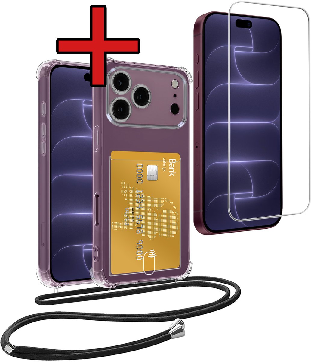 Hoesje Geschikt voor iPhone 18 Pro Hoesje Met Telefoonkoord en Pasjeshouder Met Screenprotector Siliconen - Hoes Geschikt voor iPhone 18 Pro Hoesje Met Kaarthouder Shock Proof Case - Transparant