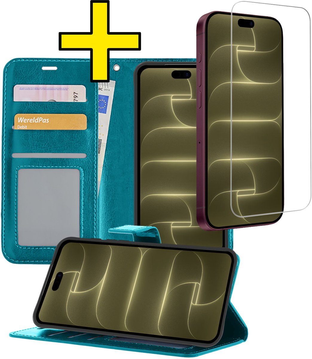 Hoesje - Met Screenprotector - Geschikt voor Apple iPhone 18 Pro Max - Luxe Pasjeshouder - Bookcase Portemonee - Flip Case - Kunstleer Book Case - Flipcase - Book Cover - Walletcase - Portemonneehoes - Telefoonhoesjes - Turquoise