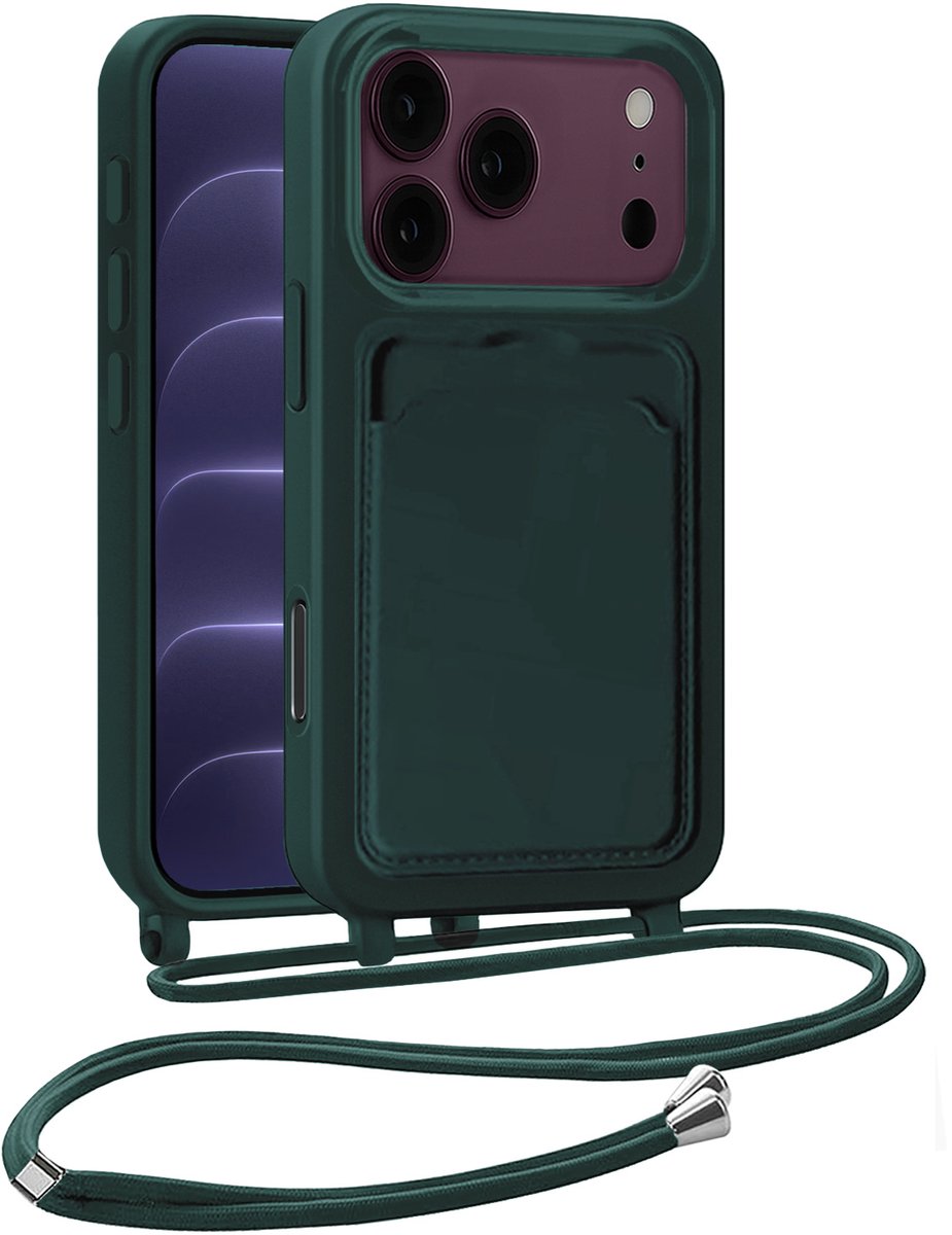 Hoesje Geschikt voor iPhone 18 Pro Hoesje Siliconen Case Met Koord - Hoes Geschikt voor iPhone 18 Pro Hoesje Backcover Met Telefoonkoord - Telefoonhoes - Donkergroen