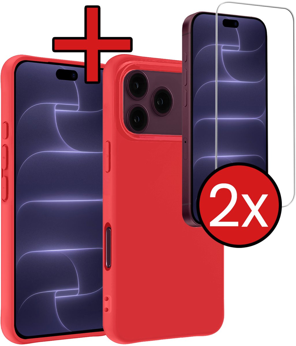 Hoesje - Met 2x Screenprotector - Geschikt voor Apple iPhone 18 Pro - Sterk & Shockproof - Telefoon Hoes - Back Cover - Siliconen Case - Telefoonhoes - Rood