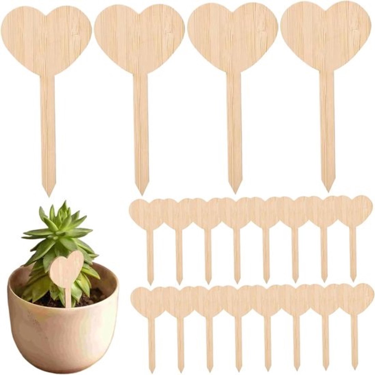 Houten plantenlabels in hartvorm - Decoratieve tuinmarkers - Planten identificeren - Natuurlijk materiaal - 10x10x1 cm - Houtkleur
