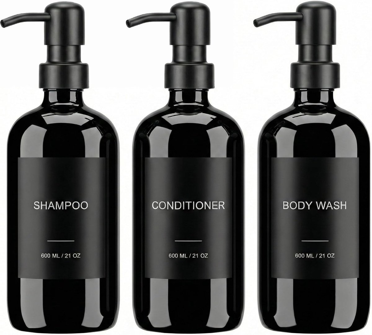 Shampoo dispenser set 600ml - zwarte roestvrijstalen pomp - 3 herbruikbare PET flessen - stijlvol badkamerorganizer - ShopVlot
