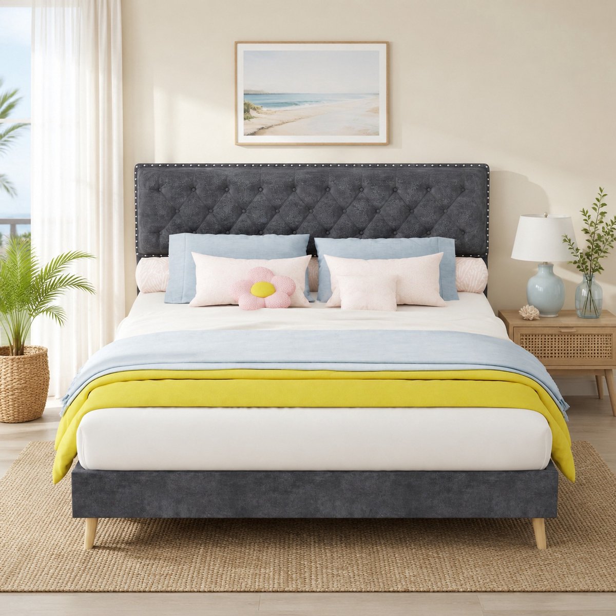 WUVRIE Tweepersoons bedframe 160x200 cm met gestoffeerd hoofdbord en lattenbodem, grijs