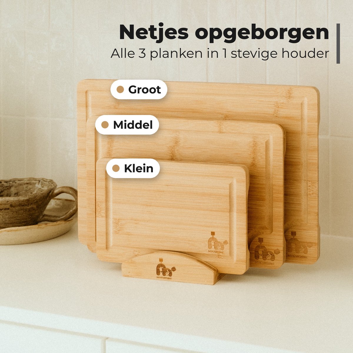MyCuisine Bamboe Snijplanken Met Sapgeul - Snijplankenset met houder van hout - 100% Bamboe - Inclusief E-Kookboek - 3 Planken — cadeau in Kookcadeaus - foto 6