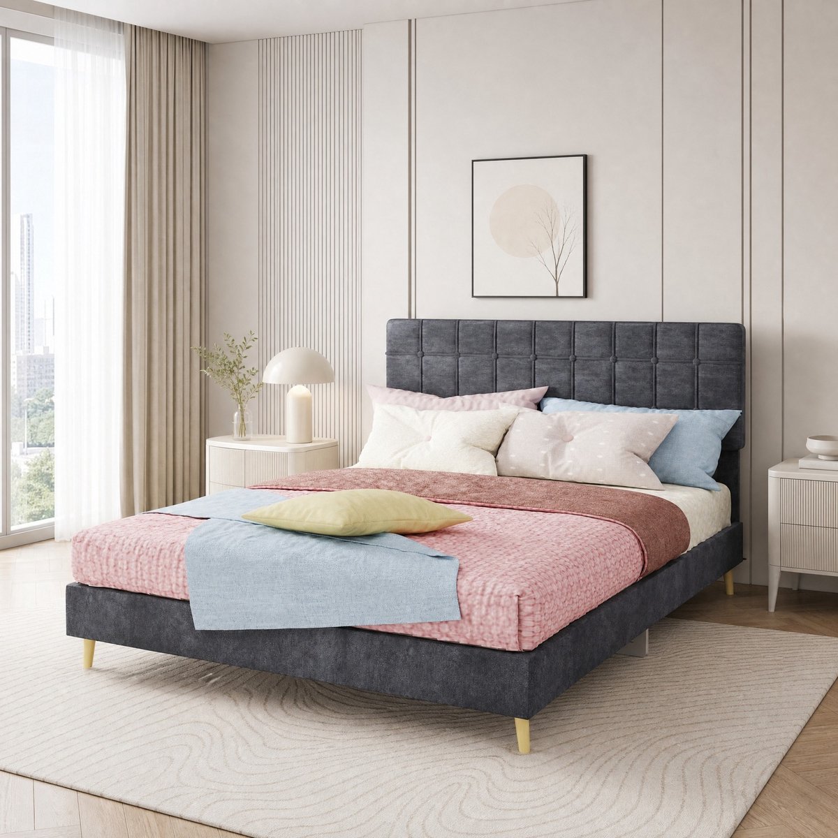 WUVRIE Tweepersoonsbed 140x200 cm met geruit fluwelen hoofdbord en houten poten, donkergrijs