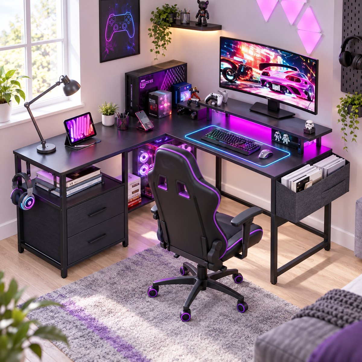 Parasha Nova Bureau - L-vormig bureau met LED-lampen - groot gamingbureau, uitgerust met 2 stopcontacten - 2 USB + 1 Type-C poort, met 2 laden en schermhouder - bureau voor thuisgebruik en werk