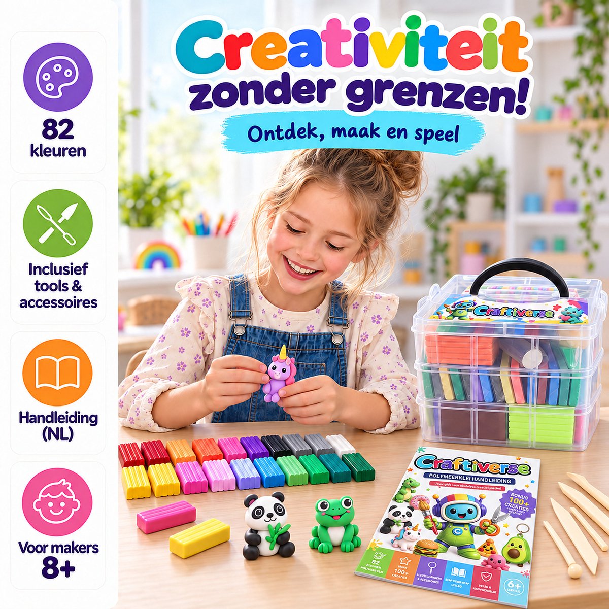Craftiverse Polymeer Klei Set – 82 Kleuren 82x20g – Complete Knutselset voor Kinderen – Ovenhardende Boetseerklei met Accessoires & Handleiding - Fimo Alternatief — afbeelding 9