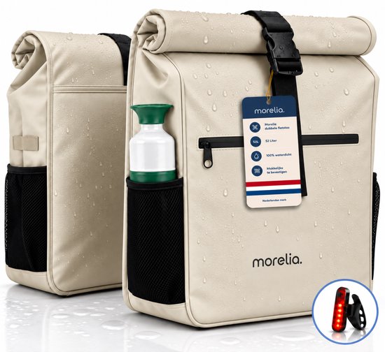 Sacoche de vélo double beige, 52 litres, 100% étanche, avec porte-bouteille sur le côté. Inclut un feu arrière.