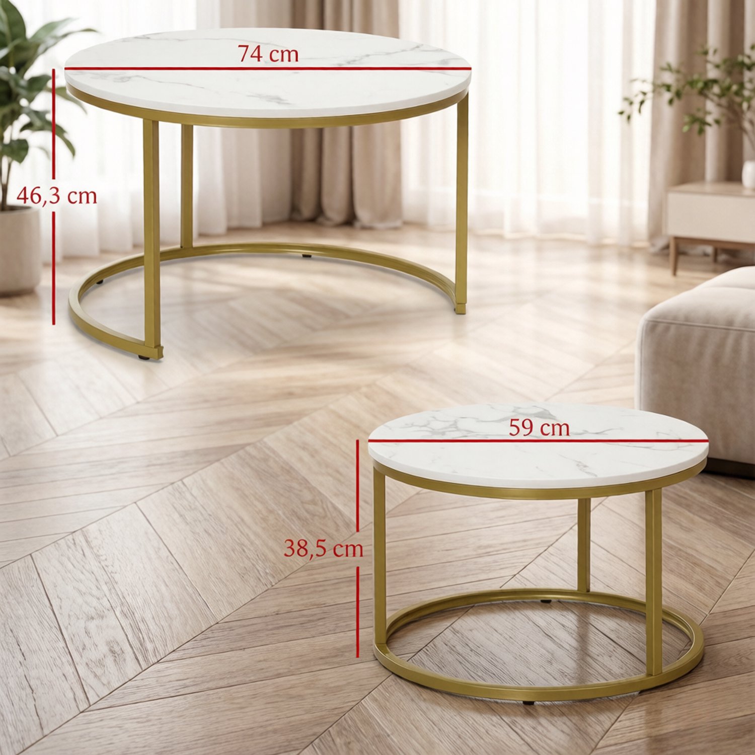HAUSS SPOLE Bijzettafel Set van 2 Rond Nestaanontwerp Met Marmerlook Tafelblad Voor Woonkamer Slaapkamer en Kantoor Metaal Wit Goud