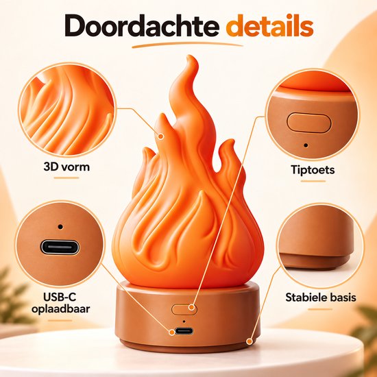 Vlammen Nachtlamp - Oplaadbare LED Sfeerlamp - 3D Vlammensimulatie en 3 Lichtmodi - Draagbare Decoratieve Vlam Lamp voor Binnen en Buiten - Oranje kleur van Bobypet — afbeelding 4