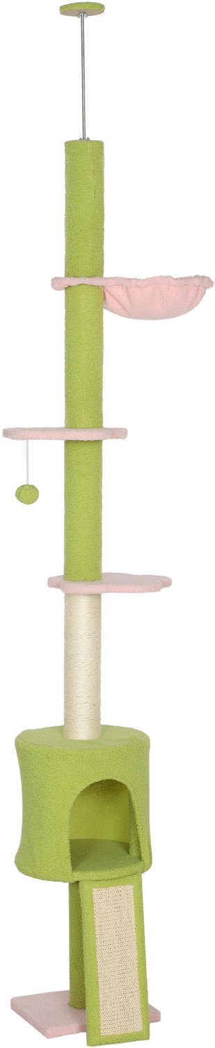 Pawona Krabpaal van vloer tot plafond - Verstelbaar - Met krabpalen, ligplekken, hangmat en kattenhol - 30 x 25 x 220-240 cm - Groen/Roze/Crèmewit