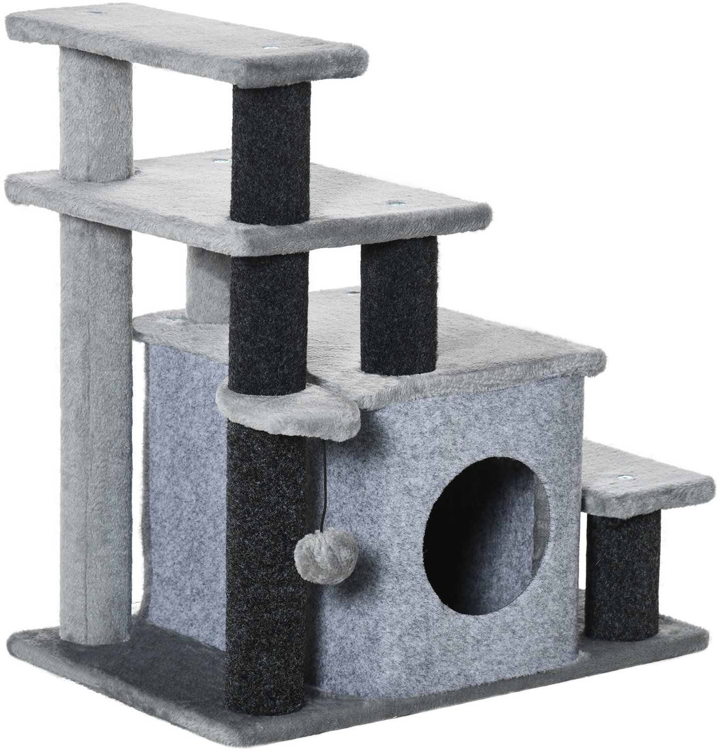 Pawona Tiertreppe met kattenhuis - 4-staps - Met speelbal - 60 x 40 x 66 cm - Grijs