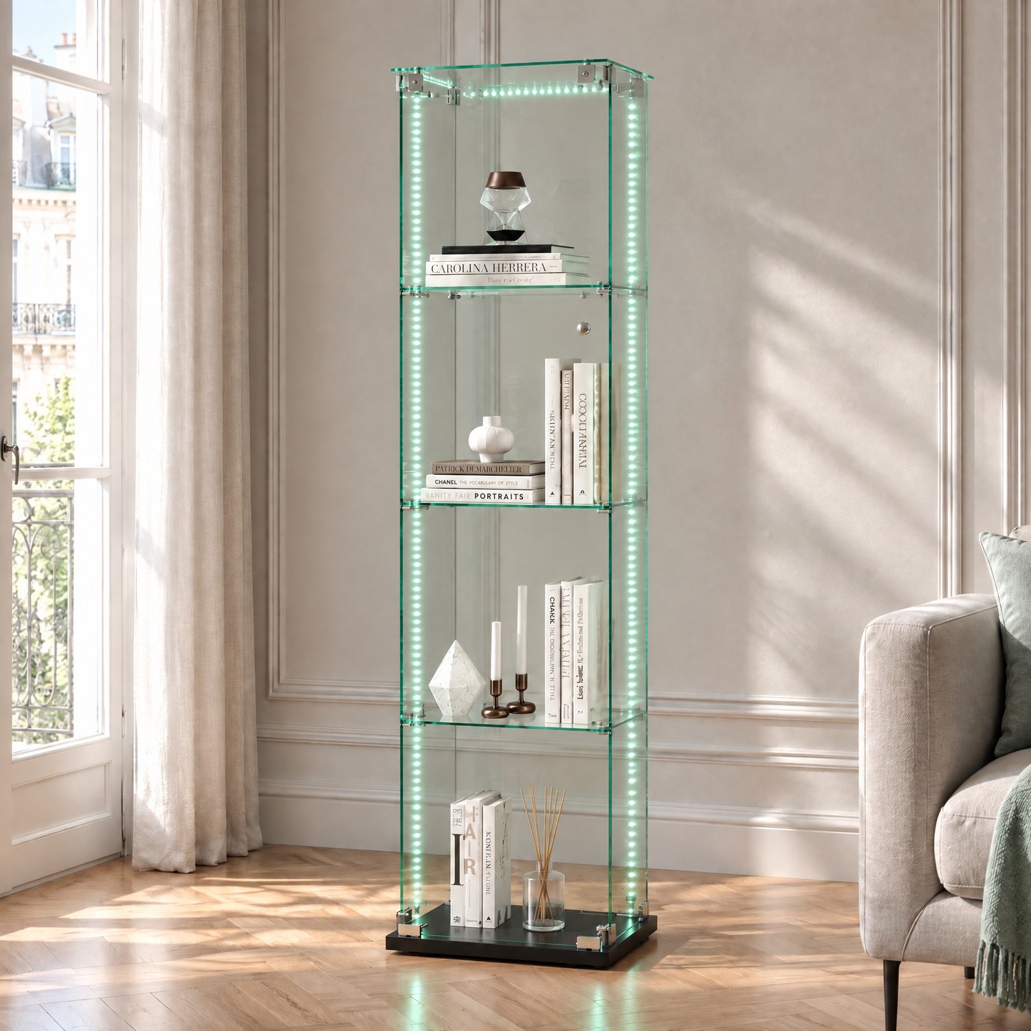 Glazen vitrinekast met 4 legplanken en 1 deur, Display kast Multifunctioneel met LED verlichting, Moderne vitrine voor Woonkamer, Slaapkamer, Kantoor, Zwart