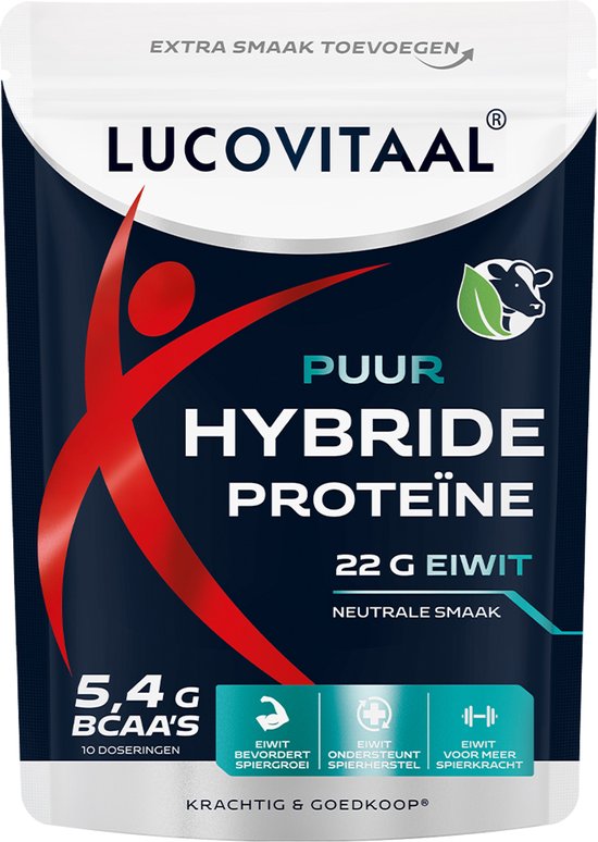 Lucovitaal Proteïne Hybride Puur, 250 gram, met 22g eiwit en 5,4g BCAA's. Neutrale smaak.