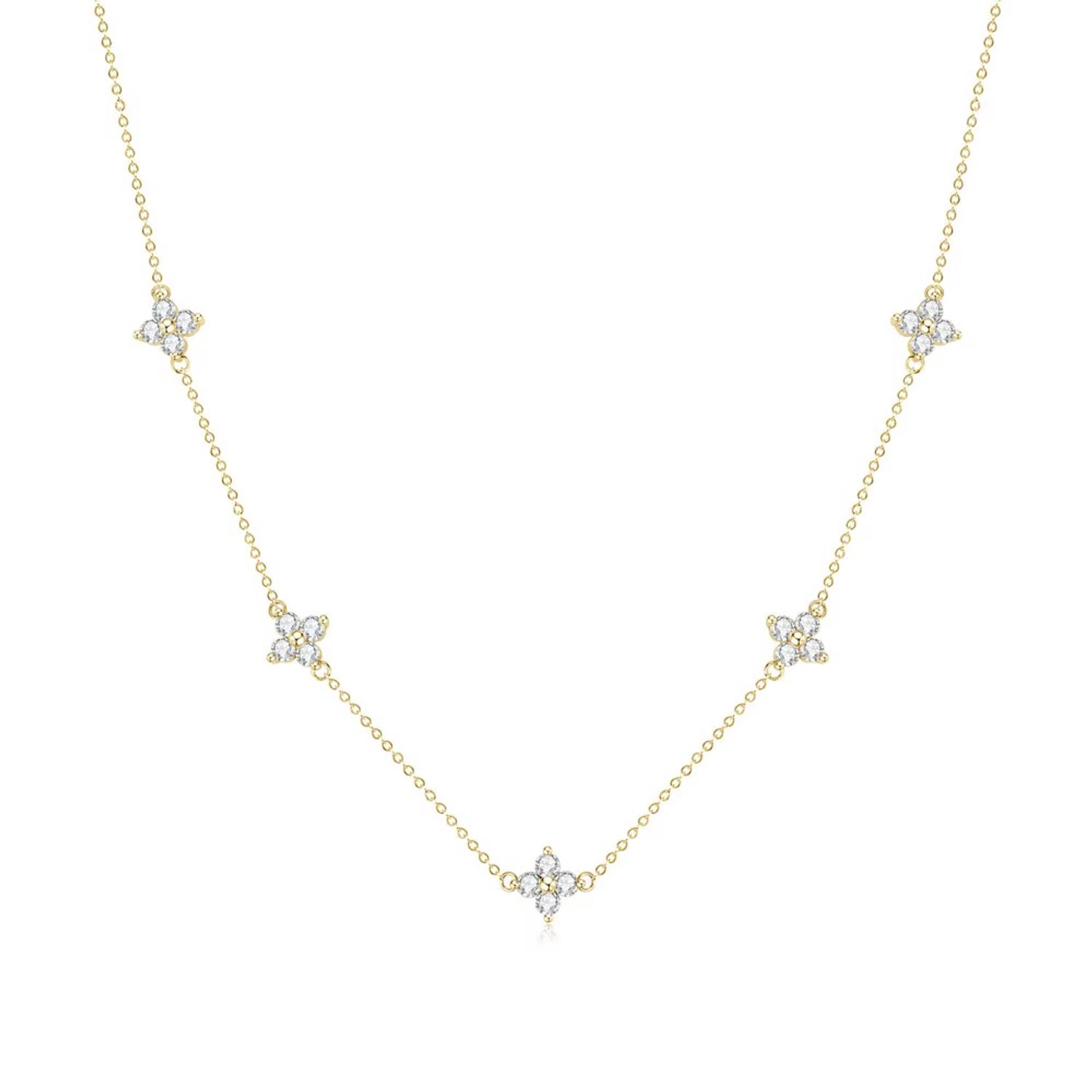 Selevie Ketting Goudkleurig met Klavertjes met Moissanite – 5 Clover Details – Gold necklace with 5 clovers