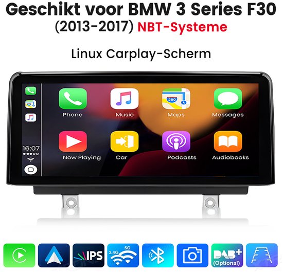 Linux CarPlay-scherm voor BMW 3-serie F30 met CarPlay-interface en icoontjes voor telefoon, muziek en kaarten.