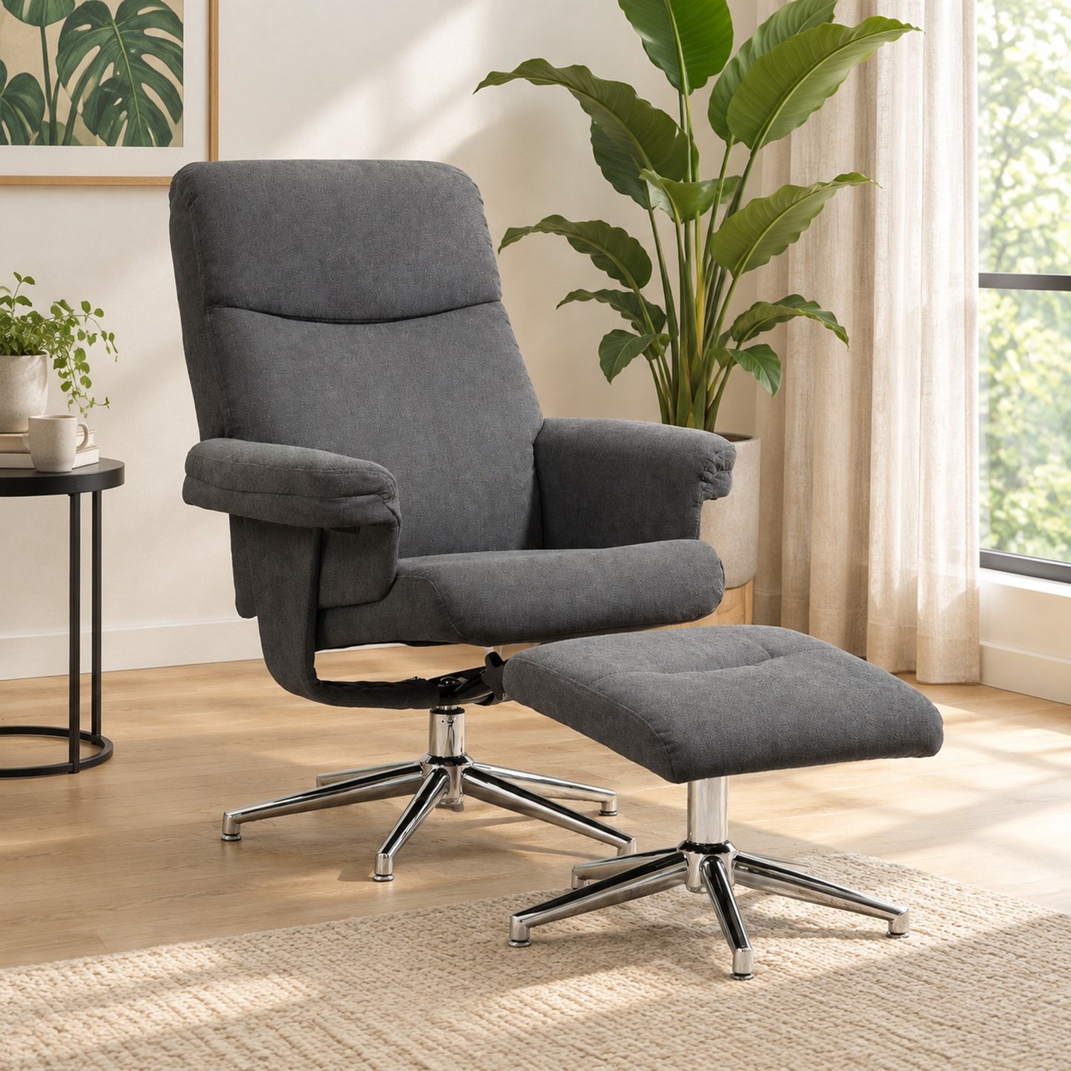 DESMIU Relaxfauteuil 85 cm - Handmatig Verstelbare Rugleuning Met Hocker - Voor Woonkamer En Slaapkamer - Polyester Donkergrijs