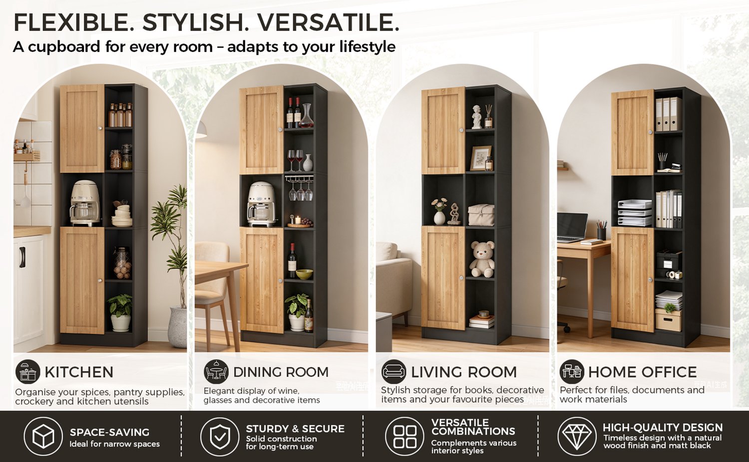 DESMIU Keukenkast - Hoge Hoekkast Met 6 Open Vakken En 2 Deuren - Voor Keuken, Eetkamer En Woonkamer - MDF - 50x35,5x170 Cm - Zwart En Naturel