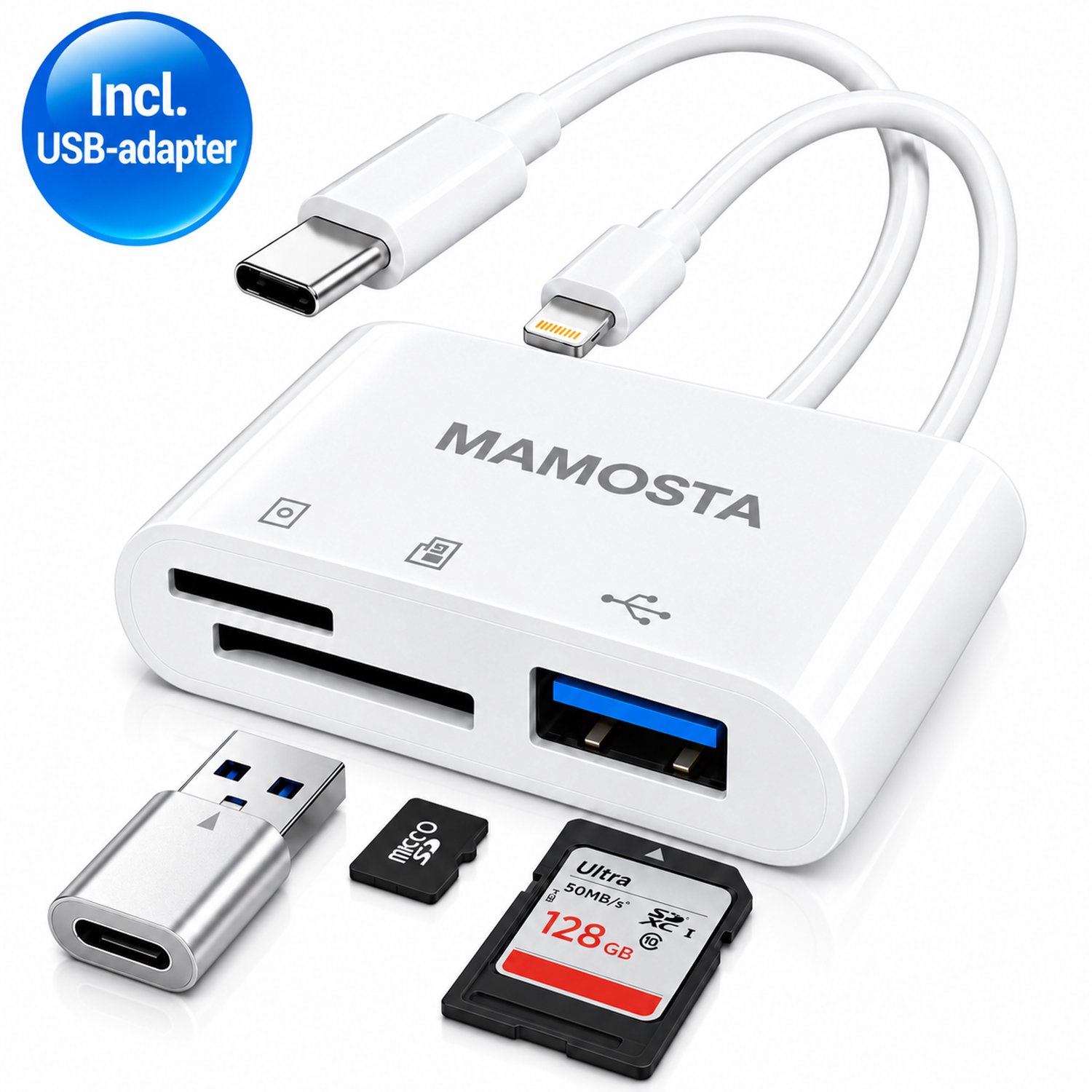 Image of Mamosta® SD Kaart Lezer 3 in 1 - Micro SD Kaartlezer - USB C & Lightning - USB A Adapter - Cardreader - Card Reader - Geheugenkaartlezer
