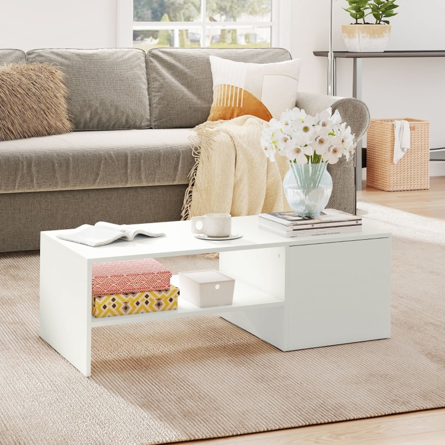 WUVRIE Salontafel 110 x 52 x 36 cm - Schuifblad met verborgen vak en open plank - Wit
