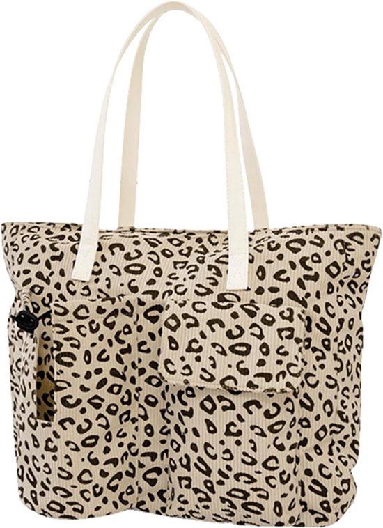 Tote bag van geribbelde stof met luipaardprint, witte hengsels en externe zijzakken.