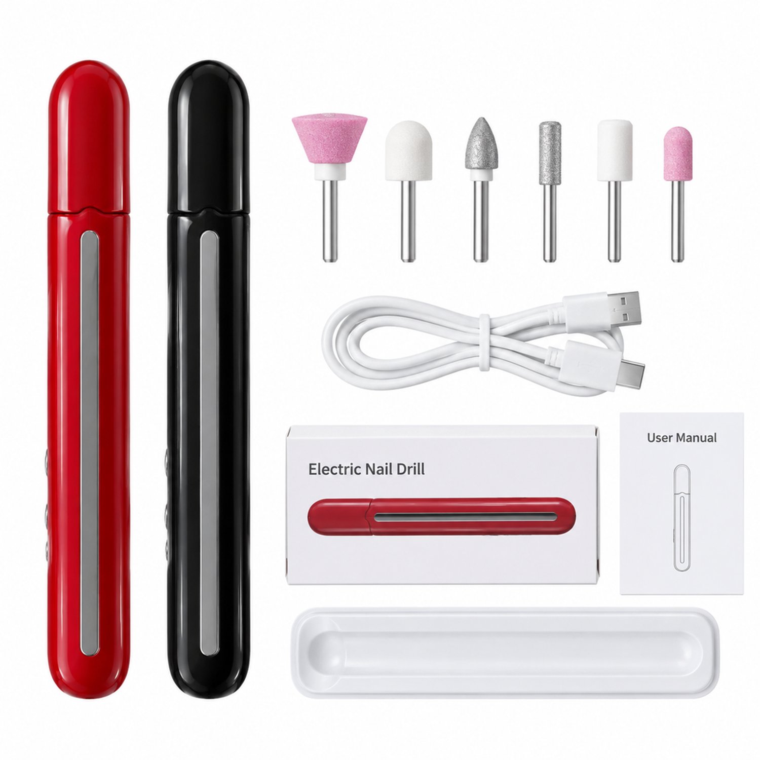 Elektrische nageltrimmer - M2 rood - opladen via USB Type-C - met 6 slijpkoppen - voor thuis en professioneel gebruik