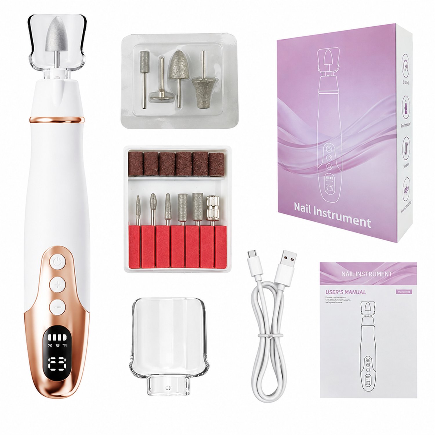 Elektrische nageltrimmer - 10 slijpkoppen - meerdere snelheden - oplaadbaar voor nagelverzorging - wit M16 kunststof uitvoering