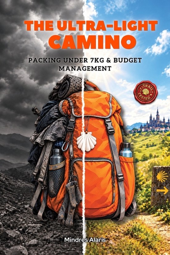 Couverture de livre : sac à dos orange sur un chemin, contraste entre montagnes orageuses et paysage ensoleillé.