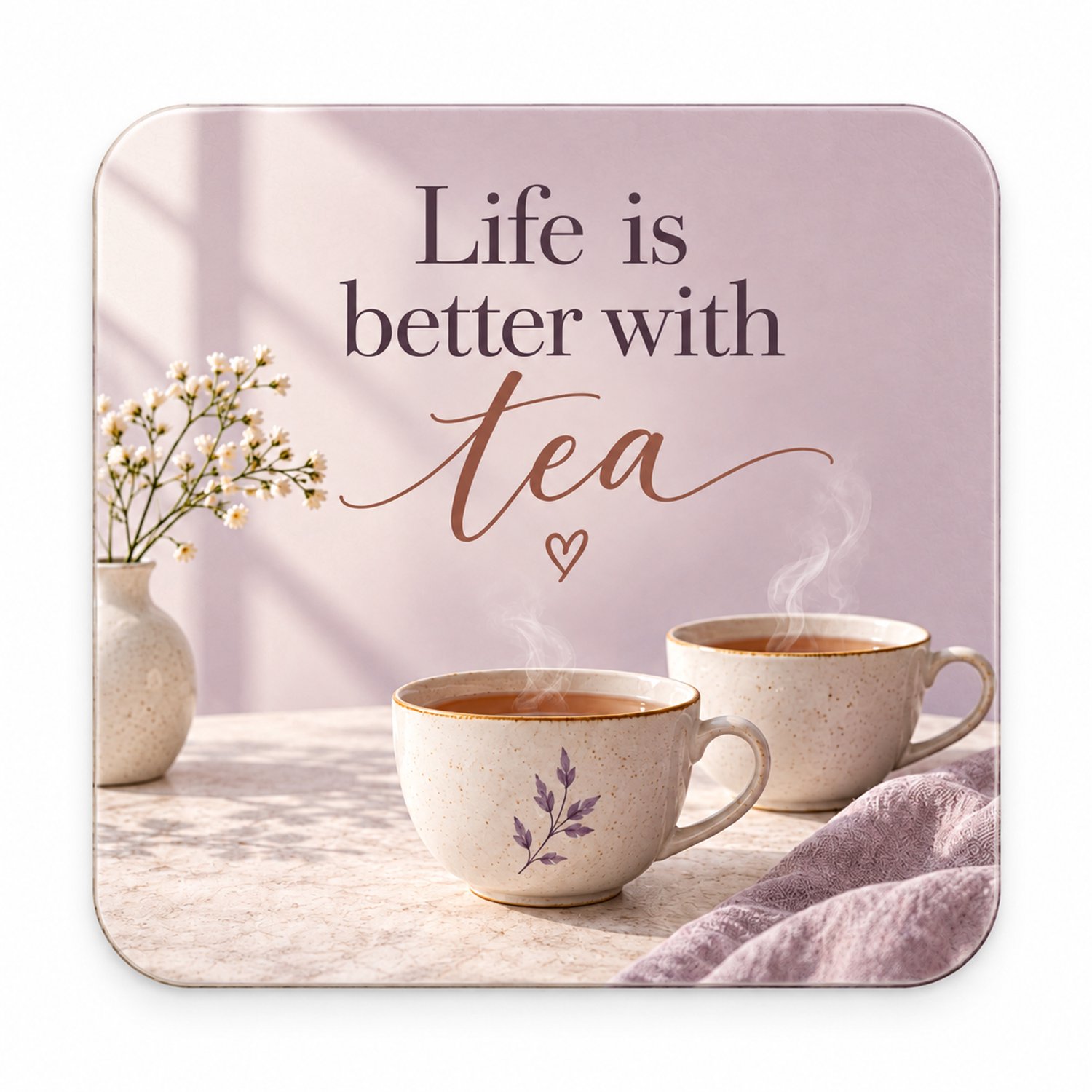 Life Is Better With Tea MDF onderzetter 10x10cm – Lila thee onderzetter – Cadeau voor theeliefhebber