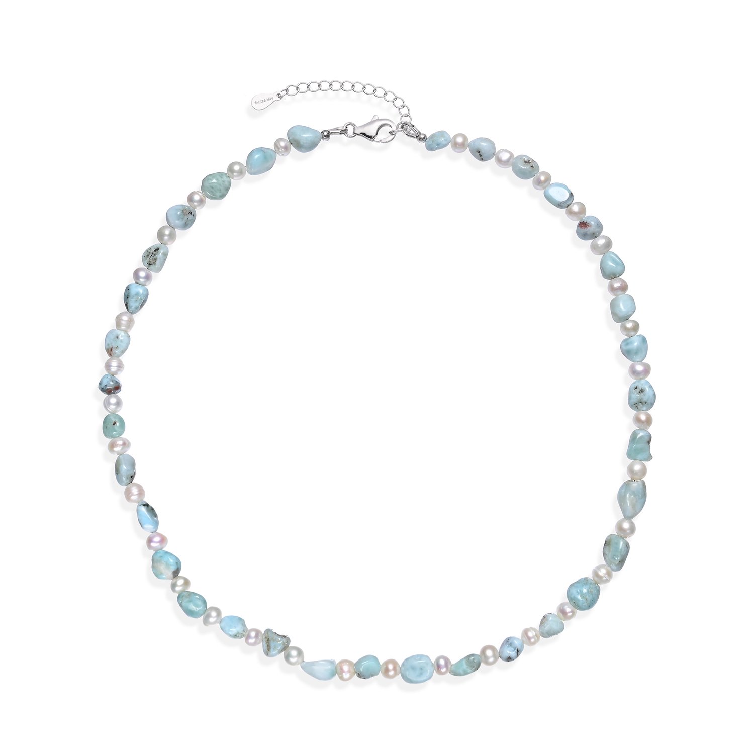 Cavill - Larimar Ketting 62,5 ct - 925 Sterling Zilver Gerhodineerd - Verstelbare Ketting - Witte Zoetwaterparels - Elegant Caribisch Sieraad