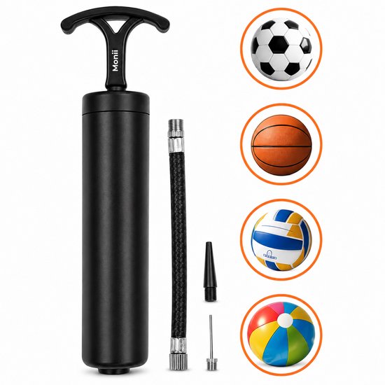 Zwarte Monii ballenpomp met slang, mondstuk en naald, naast voetbal, basketbal, volleybal en strandbal.