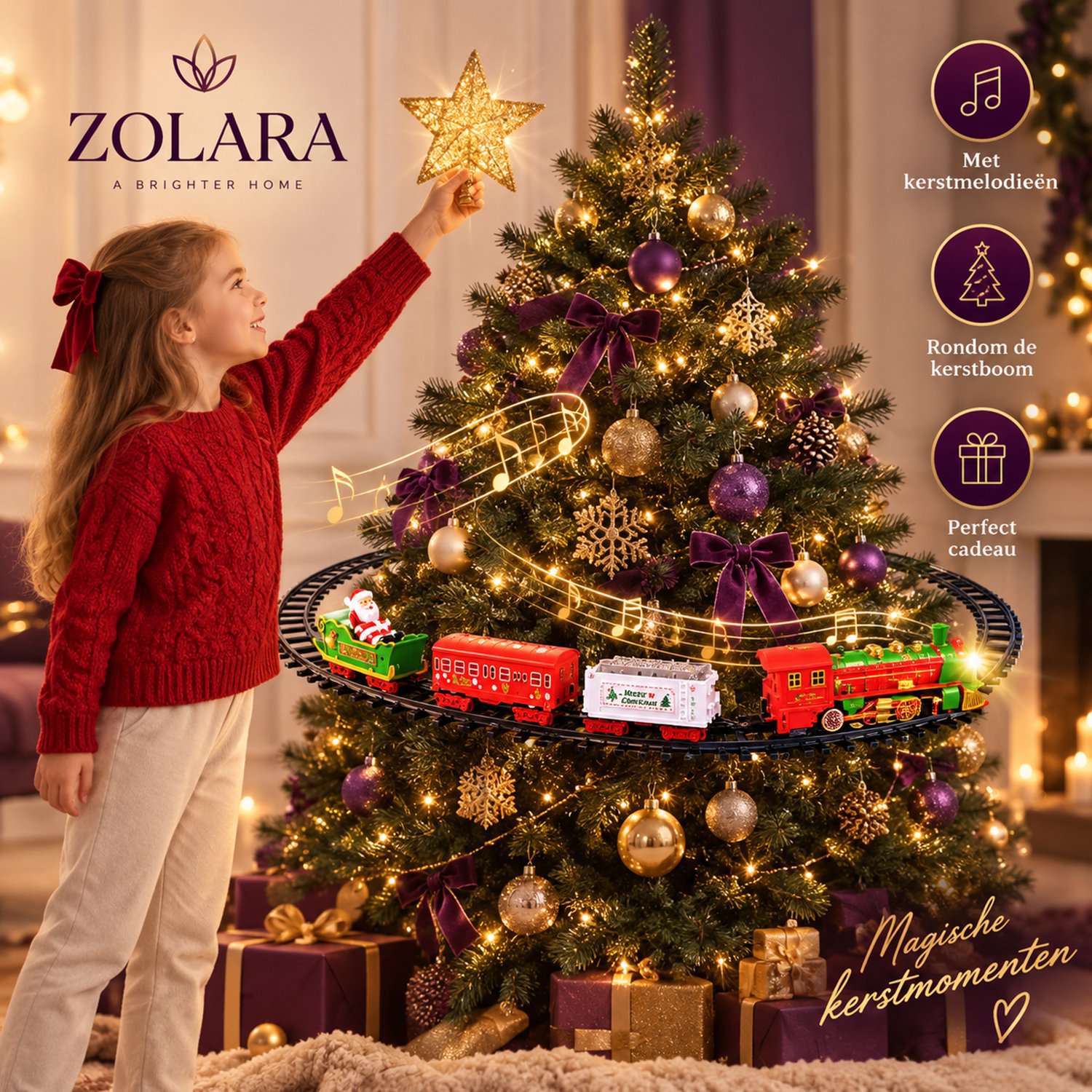 Zolara Kerstboomtrein - Kersttrein met Licht & Muziek - Kerstdecoratie - Trein Rond Kerstboom - Kerstversiering - Kerstcadeau - Ronde Rails 89 cm - Kerstdecoratie - Elektrische Trein - Kerstgeschenk