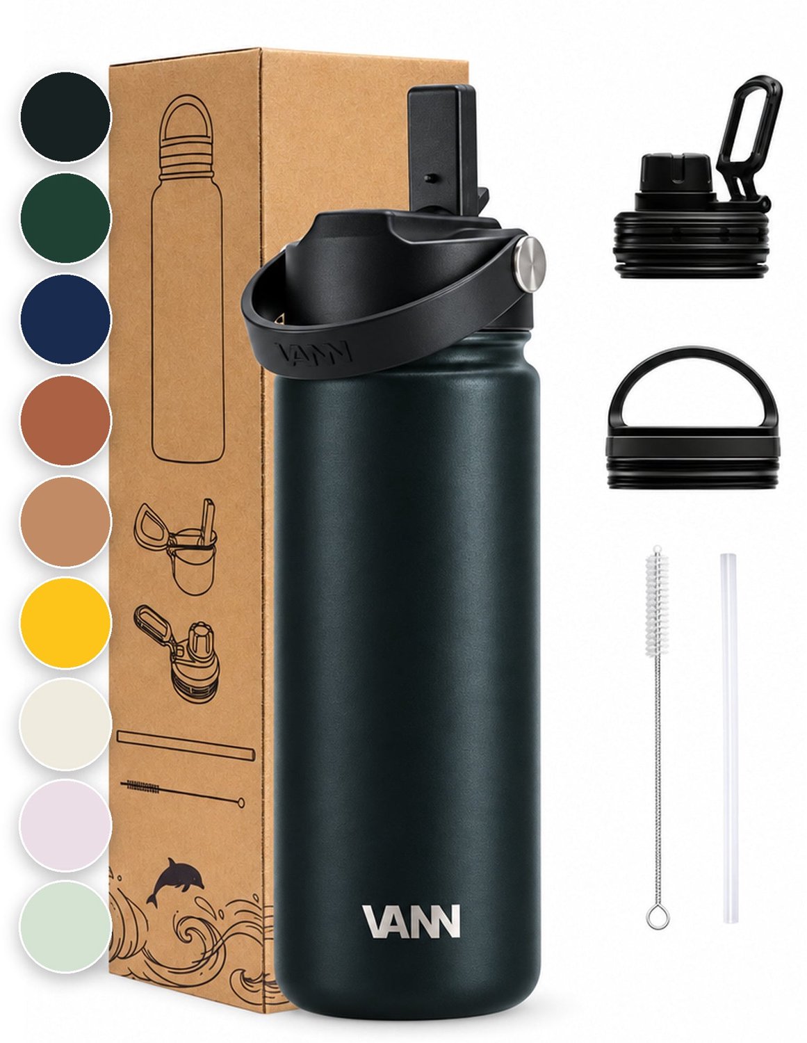 Bol.com VANN® 3-Wandige RVS Waterfles 500 ML met rietje voor volwassenen – Met 5 accessoires – bidon – 24 uur koud/12 uur warm –... aanbieding
