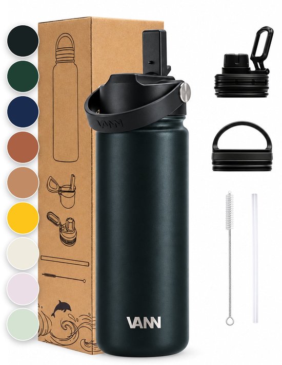 Zwarte VANN RVS drinkfles 500ml met rietje, doos, extra doppen en reinigingsborstel, omringd door kleurstalen.