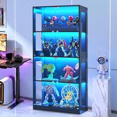 Vitrinekast met Verlichting - Glazen Kast met LED Verlichting 3 Kleuren en Bewegingssensor - Vitrine Kast voor Collecties en Figurines - Opbergkast met Glazen Deuren - 4 Laags - Hout en Acryl - Zwart - 165 x 80 x 35 cm